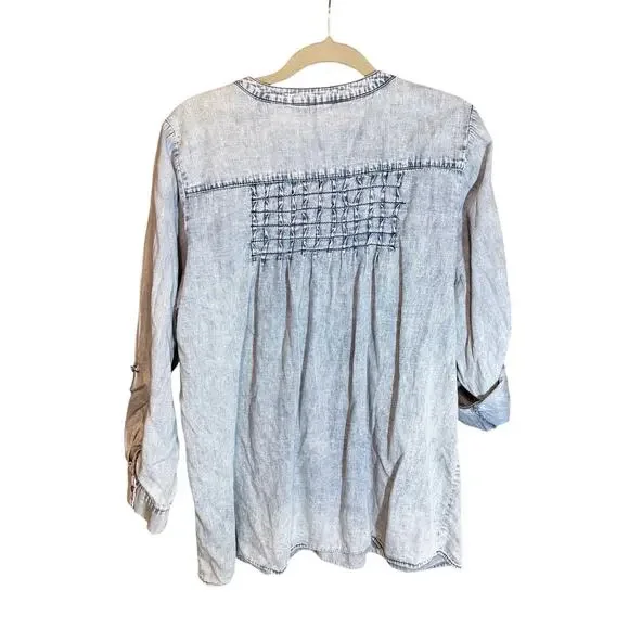 Tantrums Chambray Smocked Bib Blouse Roll Tab Sleeves XXL boho western classic - Picture 2 of 8